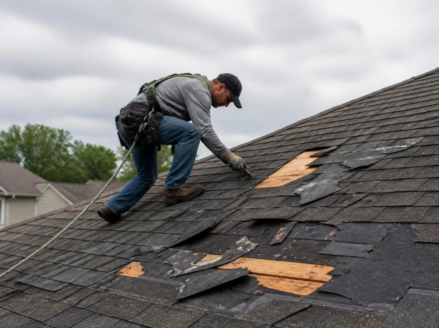 A roofer in a safety harness repairing storm-damaged shingles